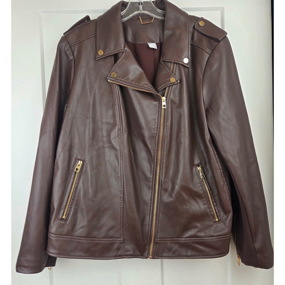 Chicos Brown Faux Leather Moto Jacket Size 3 US 16/18 Gold Hardware Asymmetrical - Picture 2 of 16